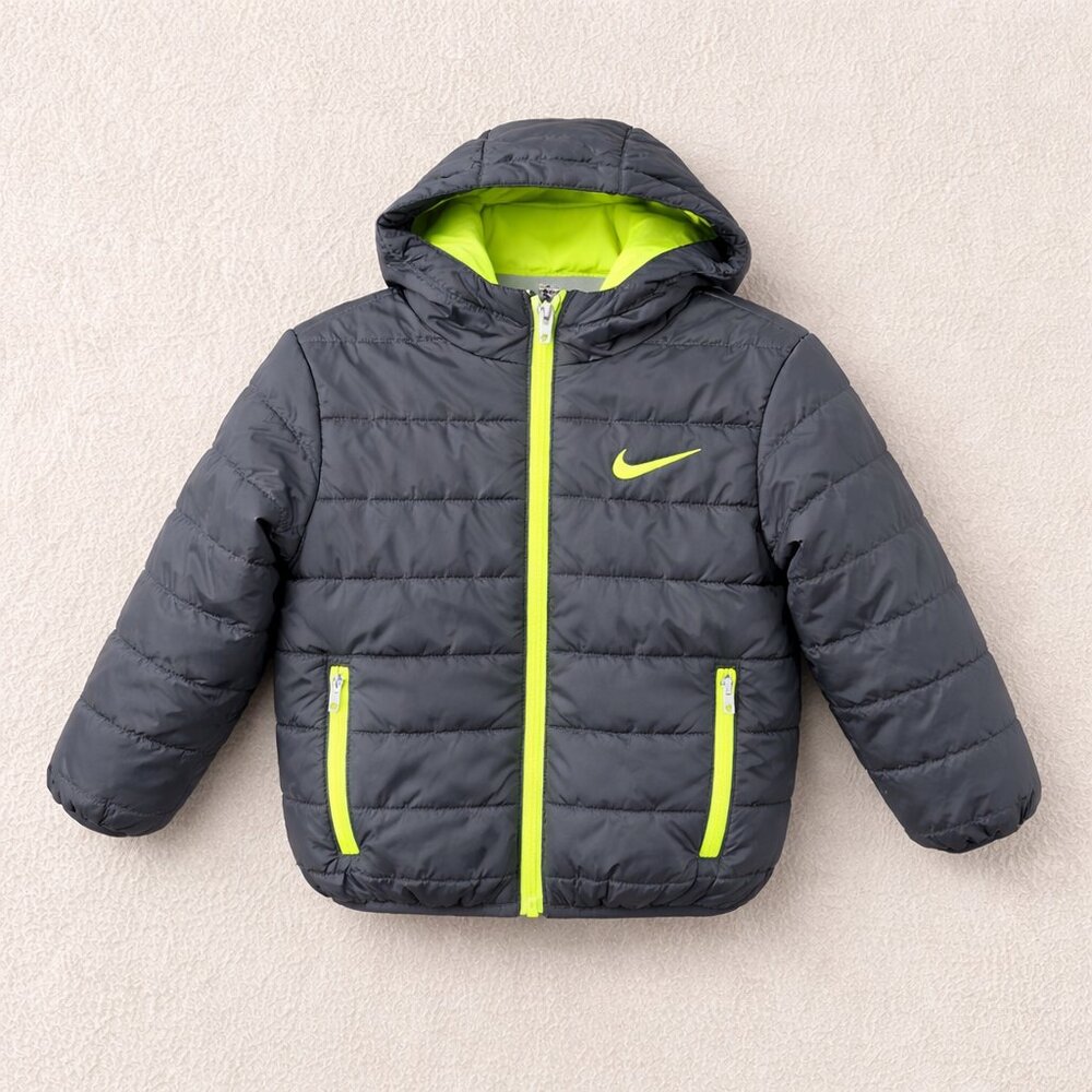 Nike Kids Gray Puffer Jacket with Neon Yellow Accents